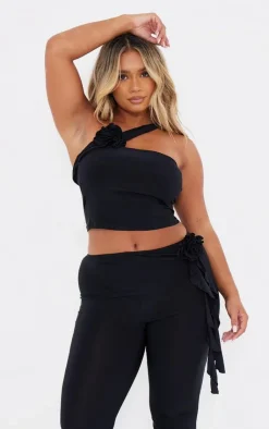 Best PrettyLittleThing Shape Slinky Rose Bandeau Top Black
