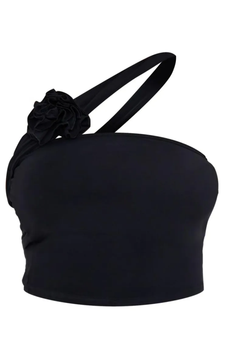 Best PrettyLittleThing Shape Slinky Rose Bandeau Top Black