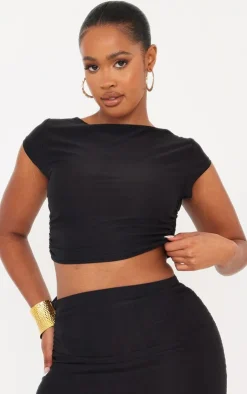 Discount PrettyLittleThing Shape Slinky Ruched Side T Shirt Black