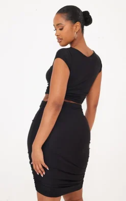 Discount PrettyLittleThing Shape Slinky Ruched Side T Shirt Black