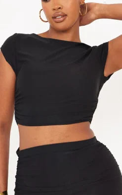 Discount PrettyLittleThing Shape Slinky Ruched Side T Shirt Black