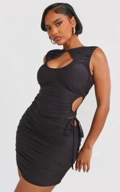 PrettyLittleThing Shape Slinky Ruched Cut Out Longline Top Black