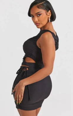 PrettyLittleThing Shape Slinky Ruched Cut Out Longline Top Black