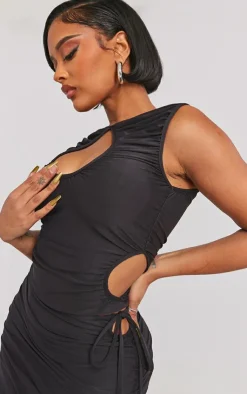 PrettyLittleThing Shape Slinky Ruched Cut Out Longline Top Black