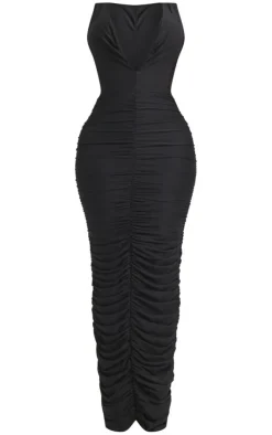 Shape Slinky Ruched Low Plunge Front Maxi Dress-PrettyLittleThing