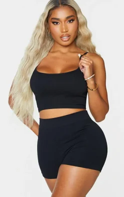 Discount PrettyLittleThing Shape Snatched Rib Shorts Black