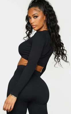 Hot PrettyLittleThing Shape Snatched Ribbed Twist Detail Crop Top Black