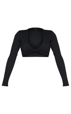 Hot PrettyLittleThing Shape Snatched Ribbed Twist Detail Crop Top Black