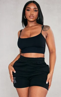 PrettyLittleThing Shape Snatched Ribbed Strappy Crop Top Black