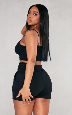 PrettyLittleThing Shape Snatched Ribbed Strappy Crop Top Black