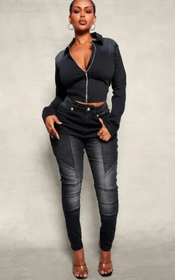 Clearance PrettyLittleThing Shape Stretch Denim Seam Biker Skinny Jeans Black