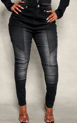 Clearance PrettyLittleThing Shape Stretch Denim Seam Biker Skinny Jeans Black