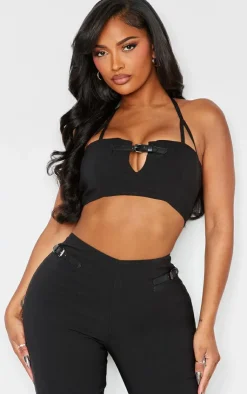 PrettyLittleThing Shape Stretch Woven Buckle Halterneck Crop Top Black