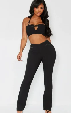 PrettyLittleThing Shape Stretch Woven Buckle Halterneck Crop Top Black