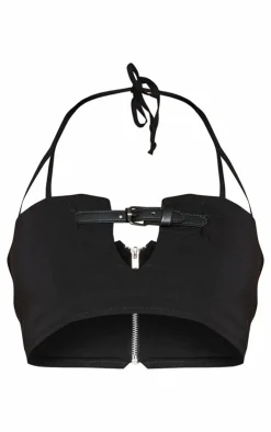 PrettyLittleThing Shape Stretch Woven Buckle Halterneck Crop Top Black
