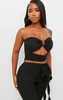 Online PrettyLittleThing Shape Stretch Woven Ring Front Bandeau Top Black