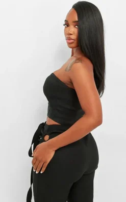 Online PrettyLittleThing Shape Stretch Woven Ring Front Bandeau Top Black
