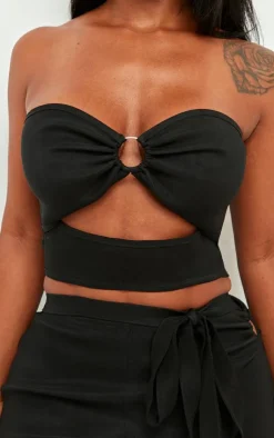 Online PrettyLittleThing Shape Stretch Woven Ring Front Bandeau Top Black