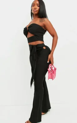 Clearance PrettyLittleThing Shape Stretch Woven Ring Detail Flare Pants Black