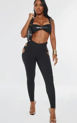 Hot PrettyLittleThing Shape Stretch Woven Cut Out Waist Buckle Pants Black