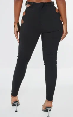 Hot PrettyLittleThing Shape Stretch Woven Cut Out Waist Buckle Pants Black