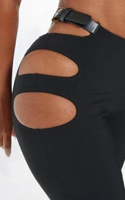 Hot PrettyLittleThing Shape Stretch Woven Cut Out Waist Buckle Pants Black