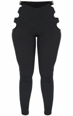 Hot PrettyLittleThing Shape Stretch Woven Cut Out Waist Buckle Pants Black