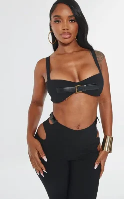 Discount PrettyLittleThing Shape Stretch Woven Buckle Detail Crop Top Black