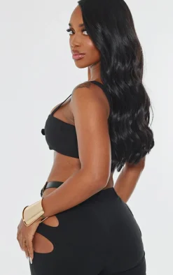 Discount PrettyLittleThing Shape Stretch Woven Buckle Detail Crop Top Black