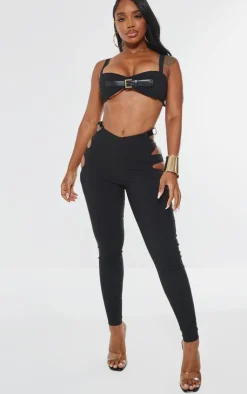 Discount PrettyLittleThing Shape Stretch Woven Buckle Detail Crop Top Black