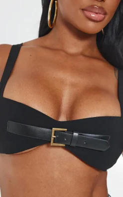 Discount PrettyLittleThing Shape Stretch Woven Buckle Detail Crop Top Black