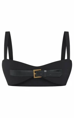 Discount PrettyLittleThing Shape Stretch Woven Buckle Detail Crop Top Black