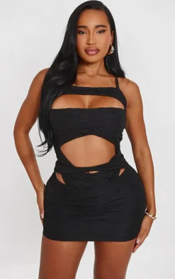 New PrettyLittleThing Shape Textured Cut Out Mini Skirt Black