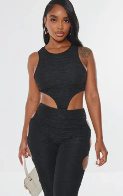 New PrettyLittleThing Shape Textured Cut Out Sleeveless Bodysuit Black