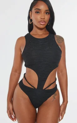 New PrettyLittleThing Shape Textured Cut Out Sleeveless Bodysuit Black