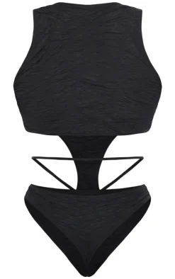 New PrettyLittleThing Shape Textured Cut Out Sleeveless Bodysuit Black