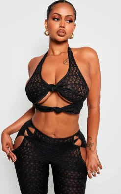 Hot PrettyLittleThing Shape Textured Halterneck Cut Out Top Black