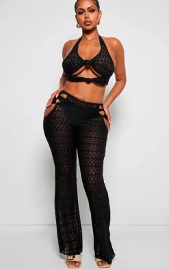 Hot PrettyLittleThing Shape Textured Halterneck Cut Out Top Black