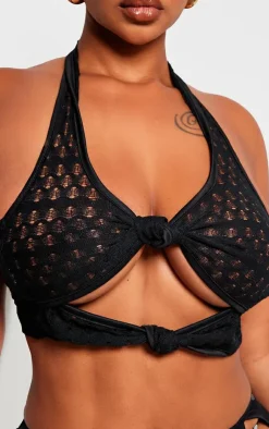 Hot PrettyLittleThing Shape Textured Halterneck Cut Out Top Black