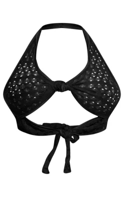 Hot PrettyLittleThing Shape Textured Halterneck Cut Out Top Black