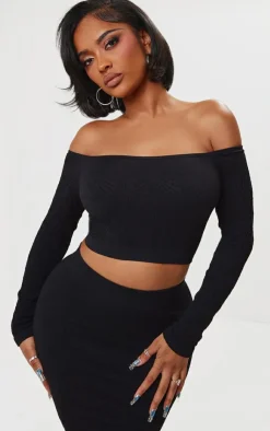 Sale PrettyLittleThing Shape Textured Seamless Bardot Long Sleeve Crop Top Black