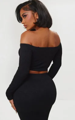 Sale PrettyLittleThing Shape Textured Seamless Bardot Long Sleeve Crop Top Black