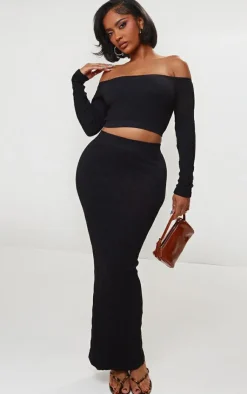 Sale PrettyLittleThing Shape Textured Seamless Bardot Long Sleeve Crop Top Black