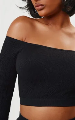 Sale PrettyLittleThing Shape Textured Seamless Bardot Long Sleeve Crop Top Black