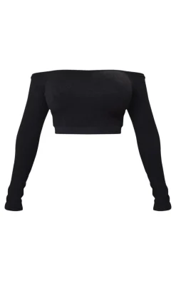 Sale PrettyLittleThing Shape Textured Seamless Bardot Long Sleeve Crop Top Black