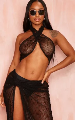 Sale PrettyLittleThing Shape Textured Sequin Halterneck Bandeau Black