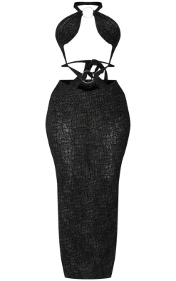 Shape Textured Sheer Halterneck Ring Detail Maxi Dress-PrettyLittleThing New