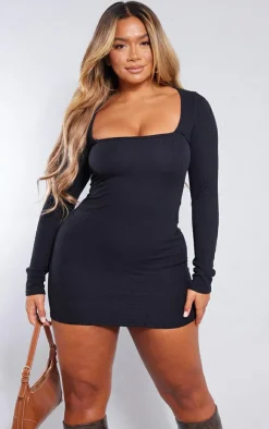 Shape Textured Square Neck Long Sleeve Bodycon Dress-PrettyLittleThing Outlet