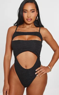 Discount PrettyLittleThing Shape Textured Strappy High Rise Bodysuit Black
