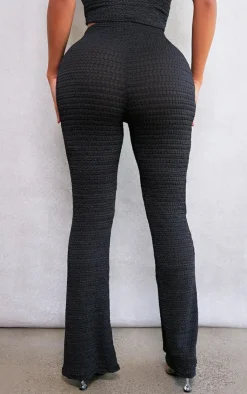 Sale PrettyLittleThing Shape Textured Wide Leg Pants Black